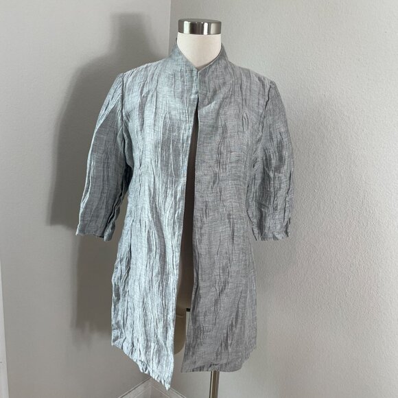 Eileen Fisher Womens Medium Petite Silver Crinkle Linen Blend Open Jacket - Picture 2 of 15